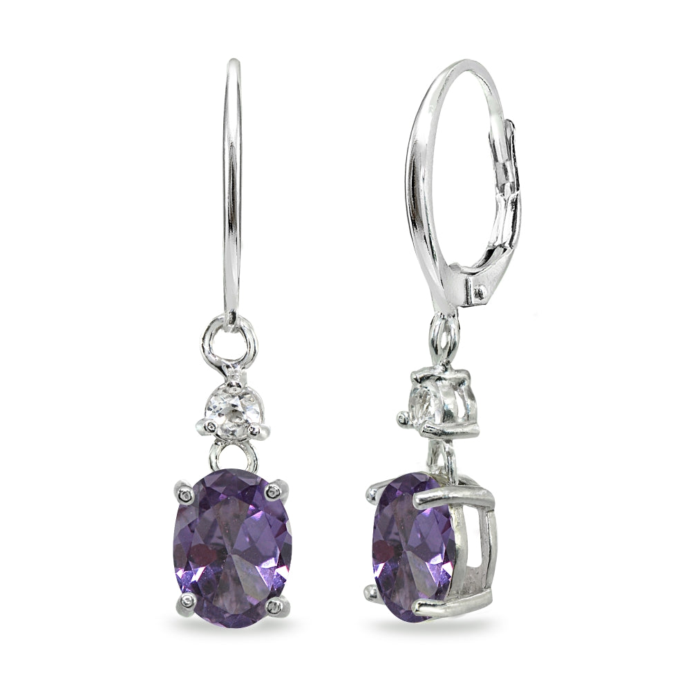 Sterling Silver Created Alexandrite & White Topaz 8x6mm Oval Dangle Leverback Earrings