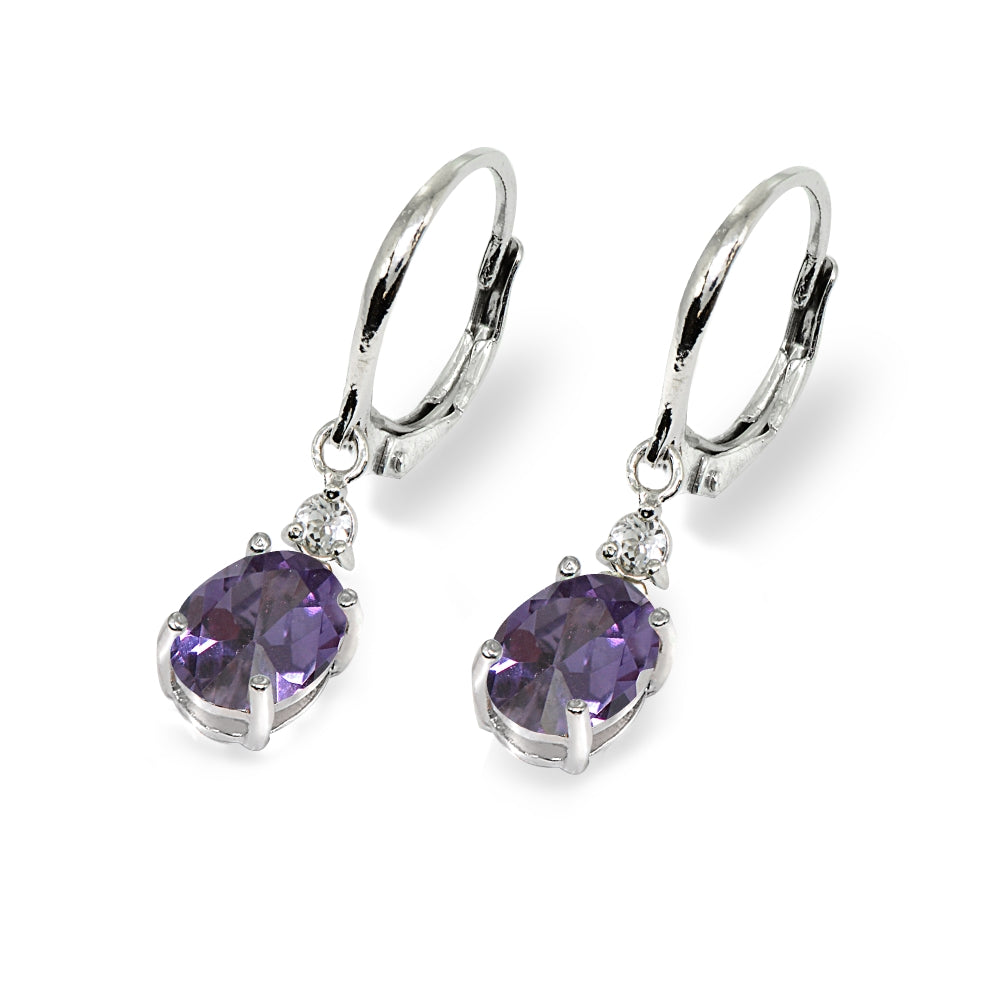 Sterling Silver Created Alexandrite & White Topaz 8x6mm Oval Dangle Leverback Earrings-3