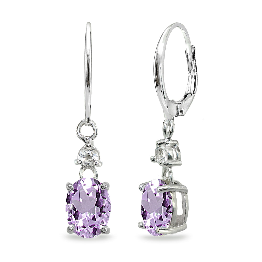 Sterling Silver Amethyst & White Topaz 8x6mm Oval Dangle Leverback Earrings
