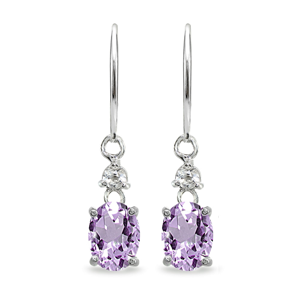 Sterling Silver Amethyst & White Topaz 8x6mm Oval Dangle Leverback Earrings-2