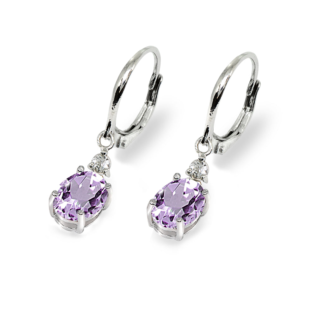 Sterling Silver Amethyst & White Topaz 8x6mm Oval Dangle Leverback Earrings-3