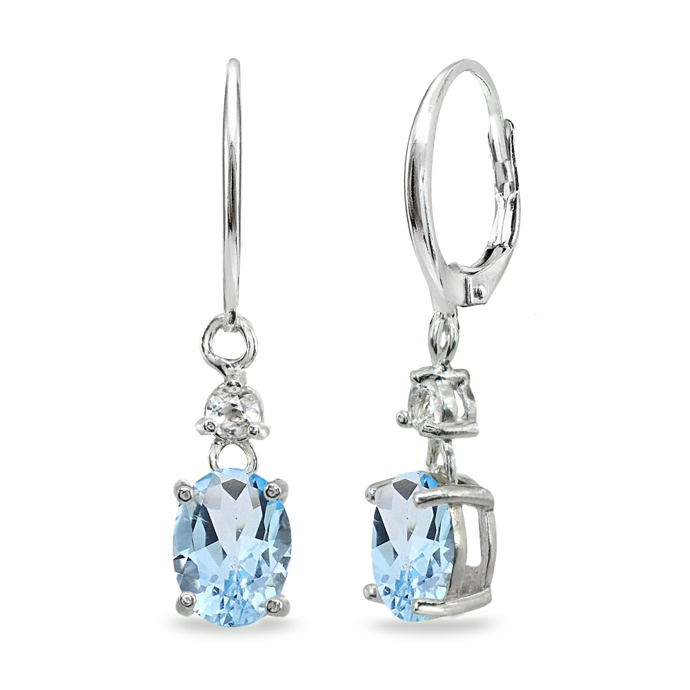 Sterling Silver Blue & White Topaz 8x6mm Oval Dangle Leverback Earrings