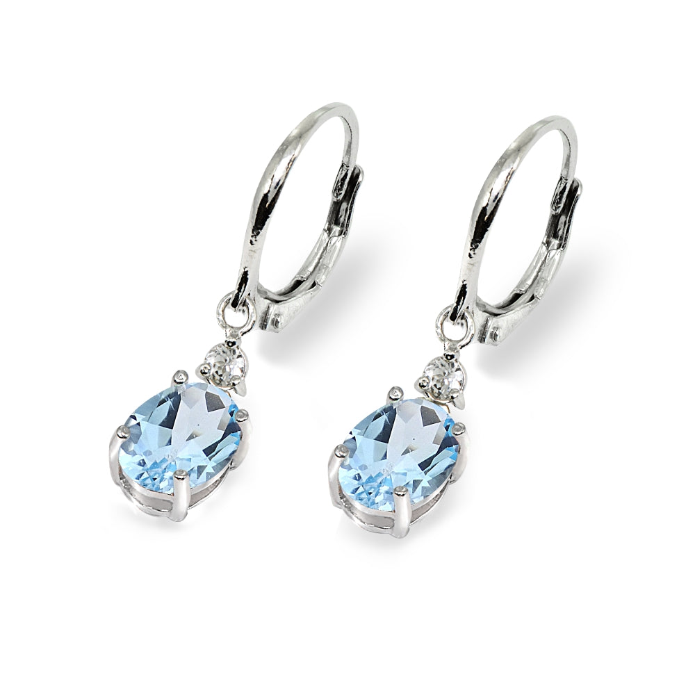 Sterling Silver Blue & White Topaz 8x6mm Oval Dangle Leverback Earrings-3