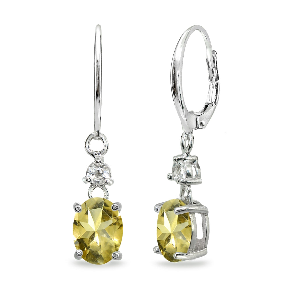 Sterling Silver Citrine & White Topaz 8x6mm Oval Dangle Leverback Earrings