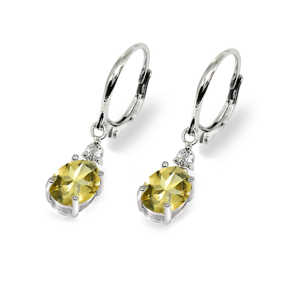 Sterling Silver Citrine & White Topaz 8x6mm Oval Dangle Leverback Earrings-3