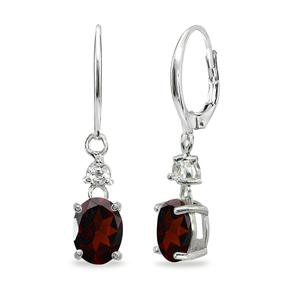 Sterling Silver Garnet & White Topaz 8x6mm Oval Dangle Leverback Earrings