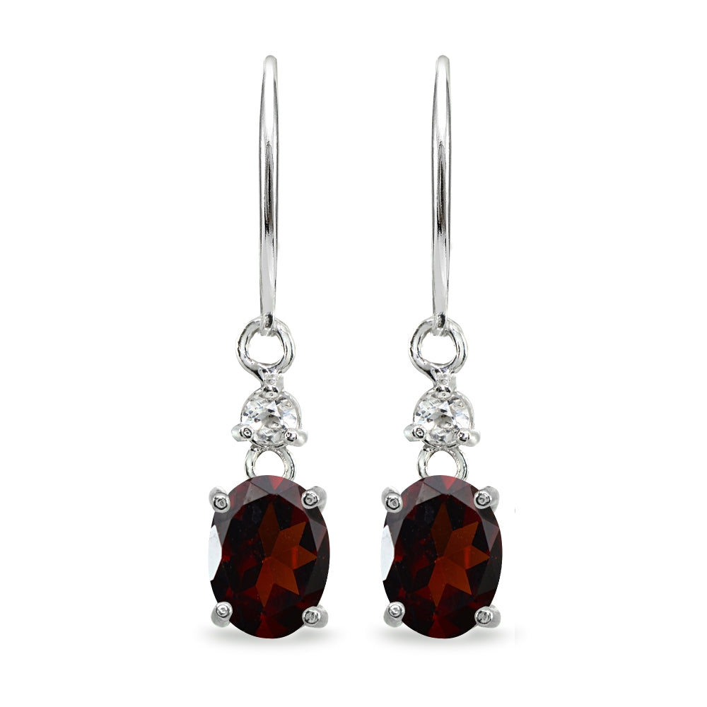 Sterling Silver Garnet & White Topaz 8x6mm Oval Dangle Leverback Earrings-2