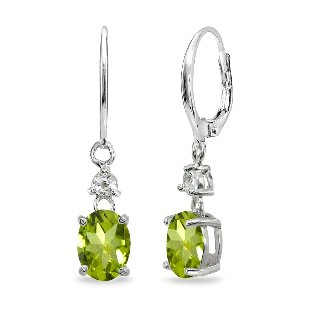 Sterling Silver Peridot & White Topaz 8x6mm Oval Dangle Leverback Earrings