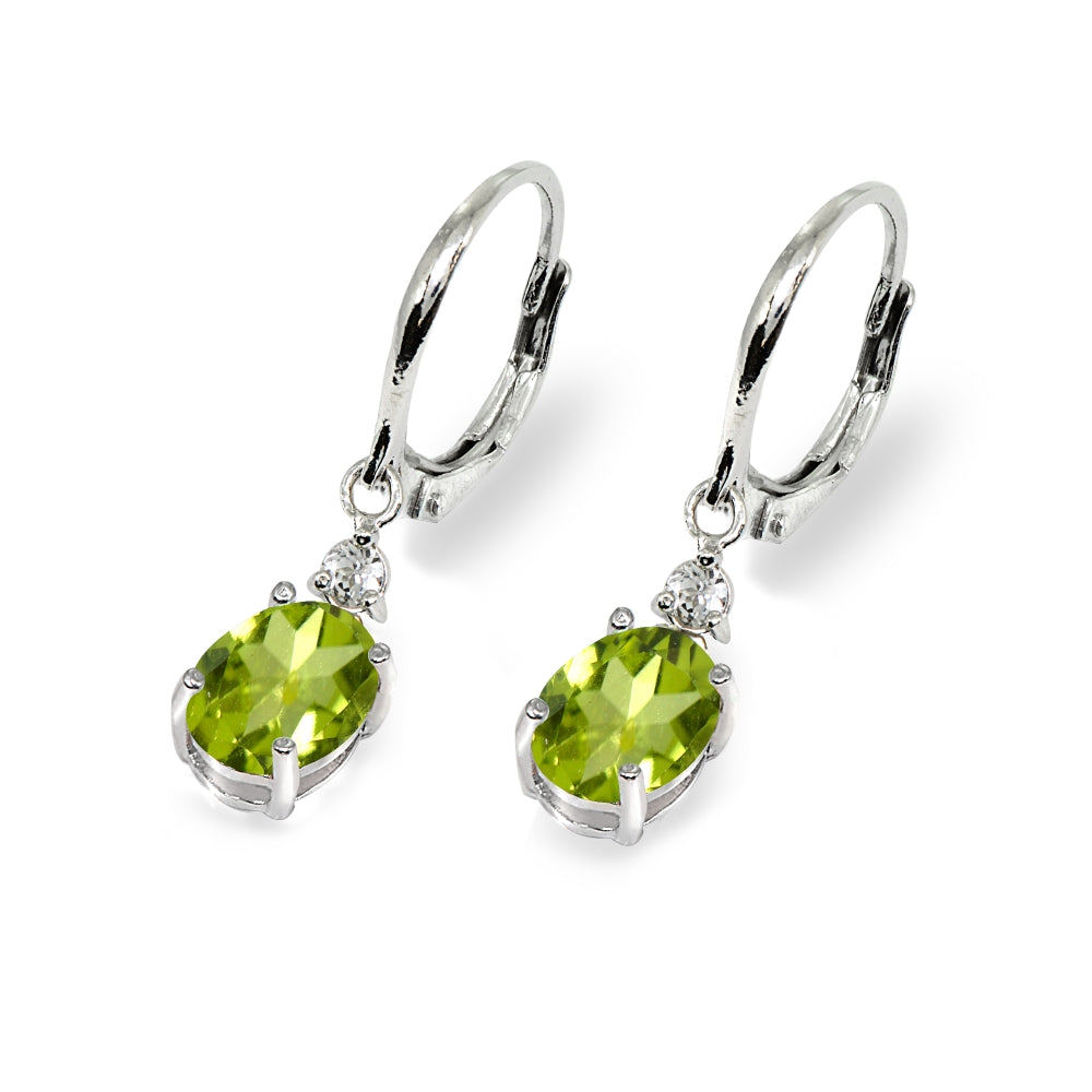 Sterling Silver Peridot & White Topaz 8x6mm Oval Dangle Leverback Earrings-3