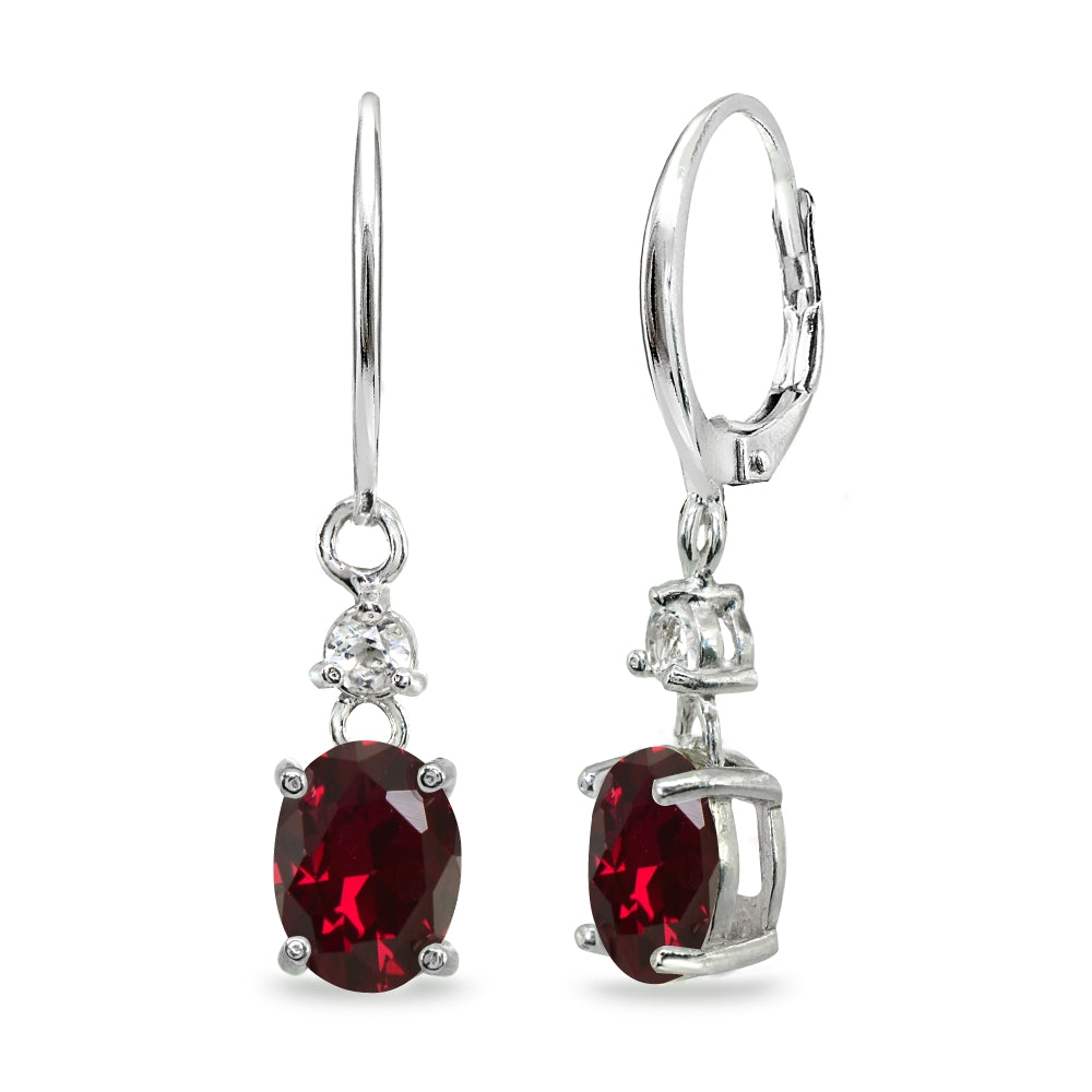 Sterling Silver Created Ruby & White Topaz 8x6mm Oval Dangle Leverback Earrings