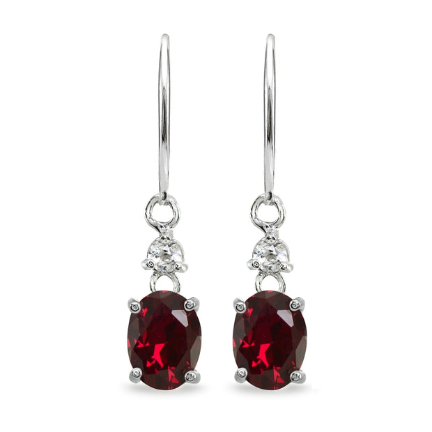 Sterling Silver Created Ruby & White Topaz 8x6mm Oval Dangle Leverback Earrings