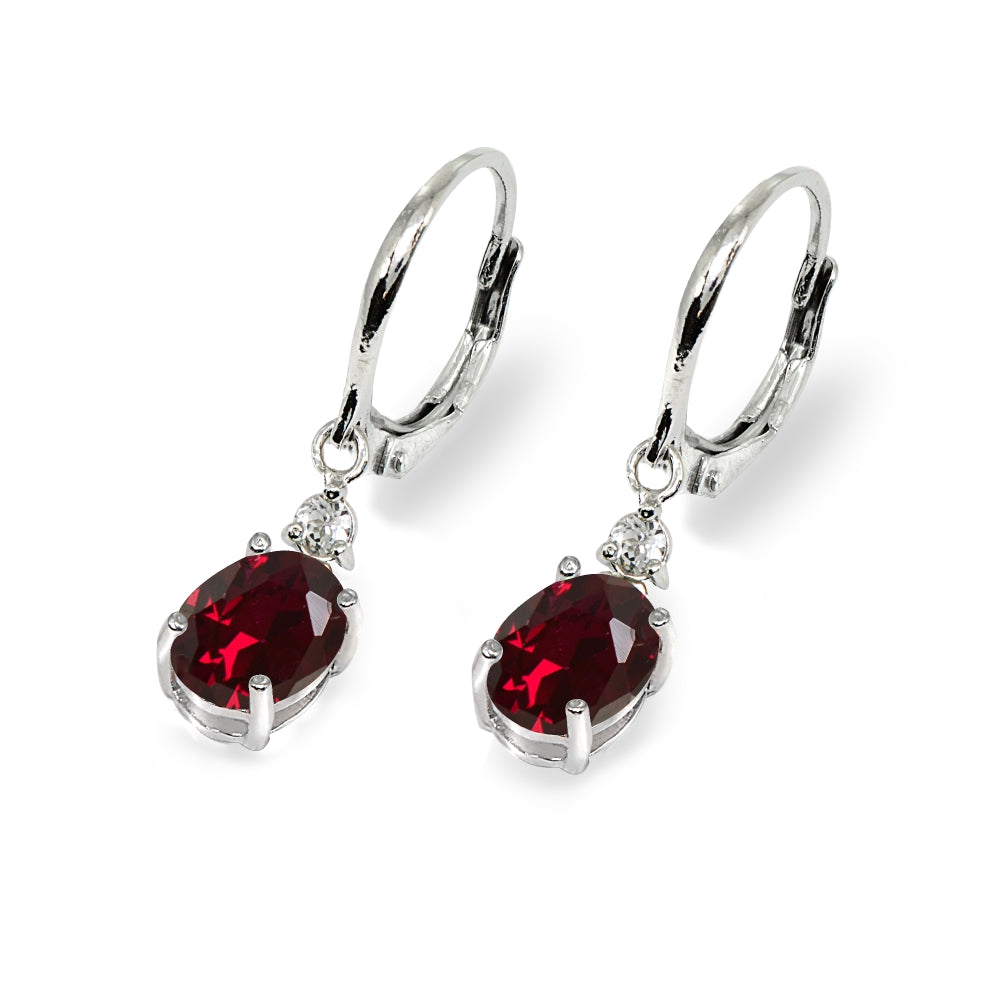 Sterling Silver Created Ruby & White Topaz 8x6mm Oval Dangle Leverback Earrings-3