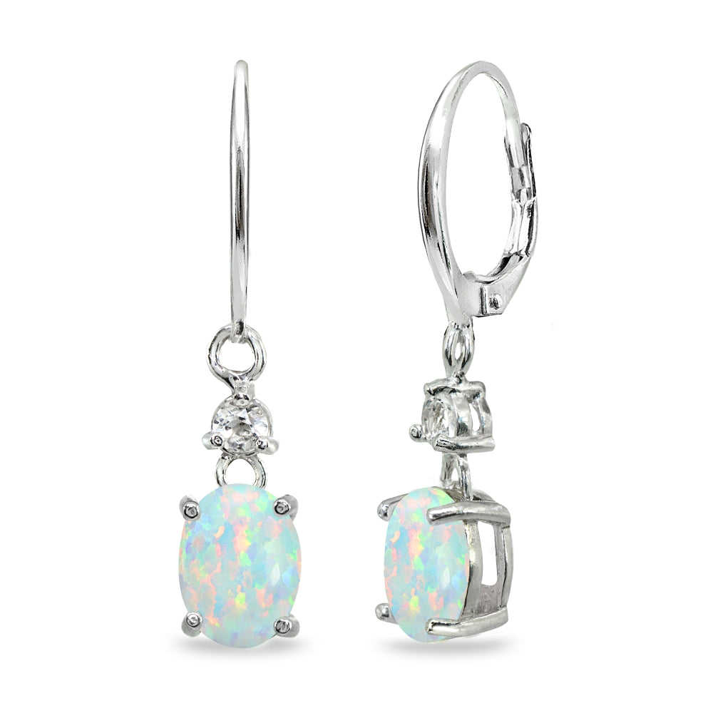 Sterling Silver Created White Opal & Topaz 8x6mm Oval Dangle Leverback Earrings