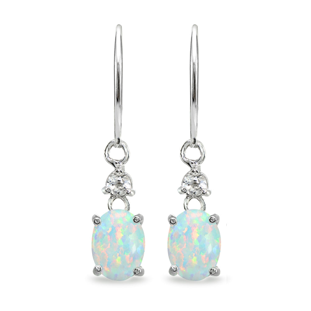 Sterling Silver Created White Opal & Topaz 8x6mm Oval Dangle Leverback Earrings-2