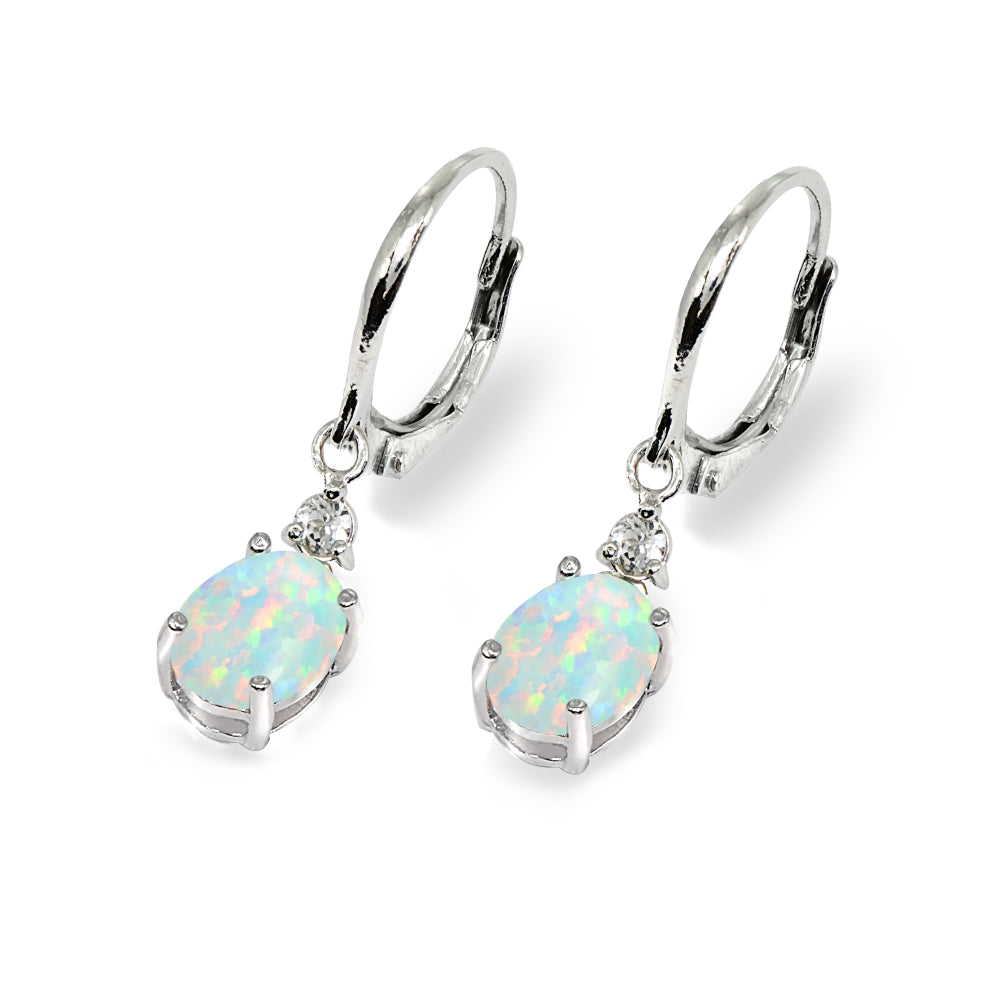 Sterling Silver Created White Opal & Topaz 8x6mm Oval Dangle Leverback Earrings-3