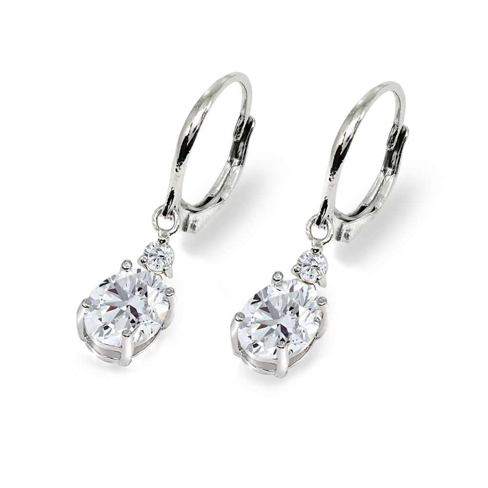 Sterling Silver Cubic Zirconia 8x6mm Oval Dangle Leverback Earrings-3