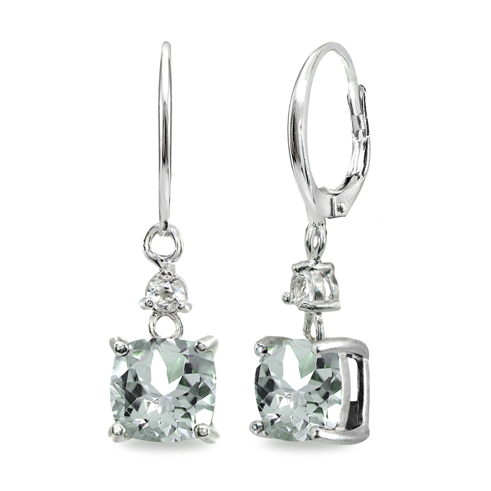 Sterling Silver Light Aqumarine & White Topaz 7mm Cushion-cut Dangle Leverback Earrings