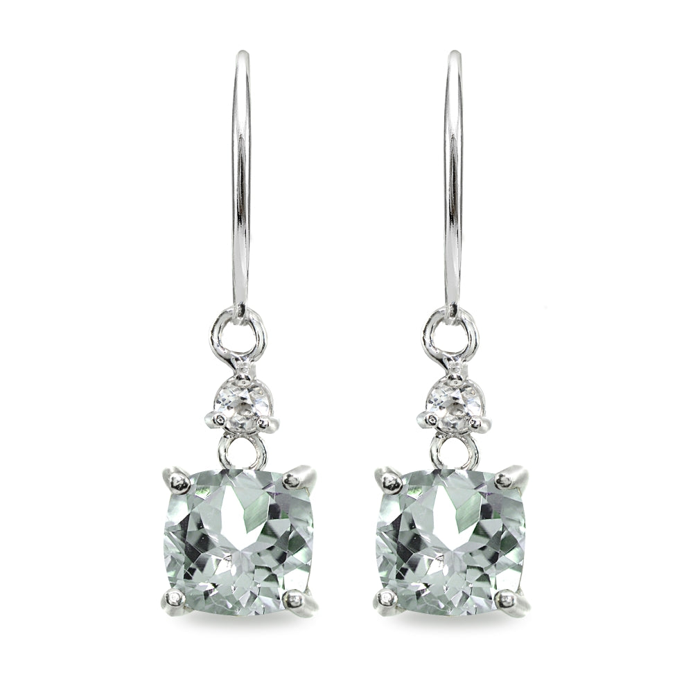 Sterling Silver Light Aqumarine & White Topaz 7mm Cushion-cut Dangle Leverback Earrings-2