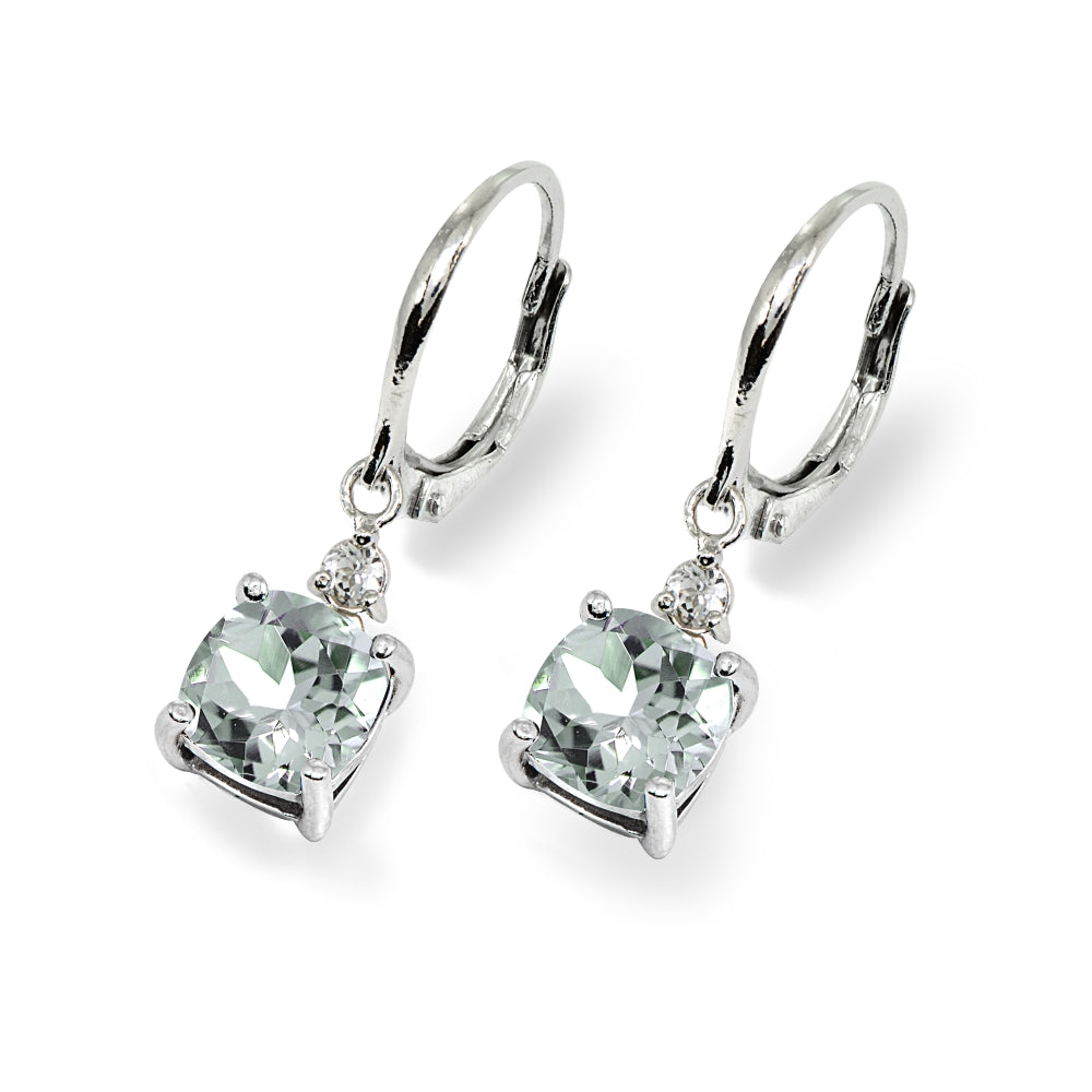 Sterling Silver Light Aqumarine & White Topaz 7mm Cushion-cut Dangle Leverback Earrings-3