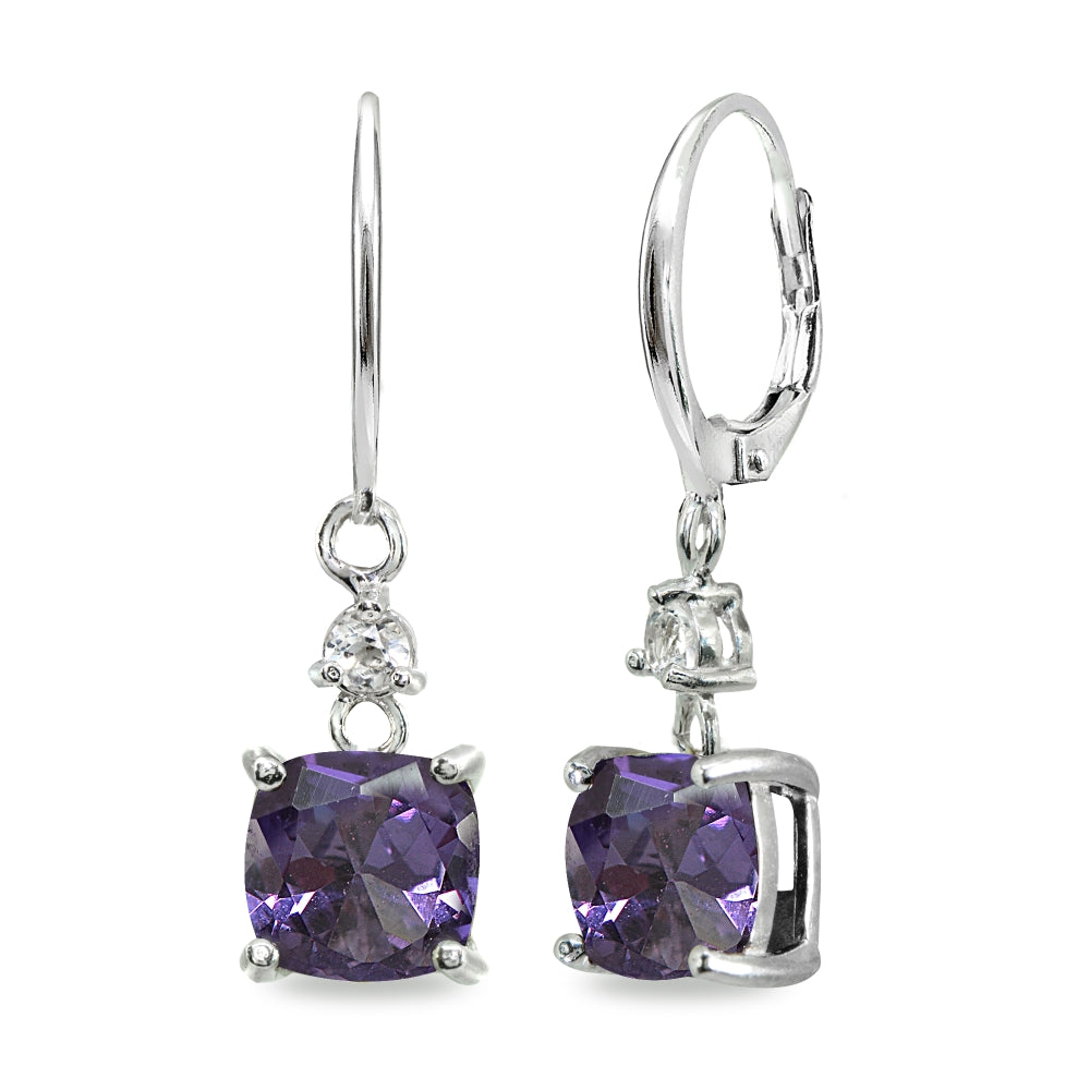 Sterling Silver Created Alexandrite & White Topaz 7mm Cushion-cut Dangle Leverback Earrings