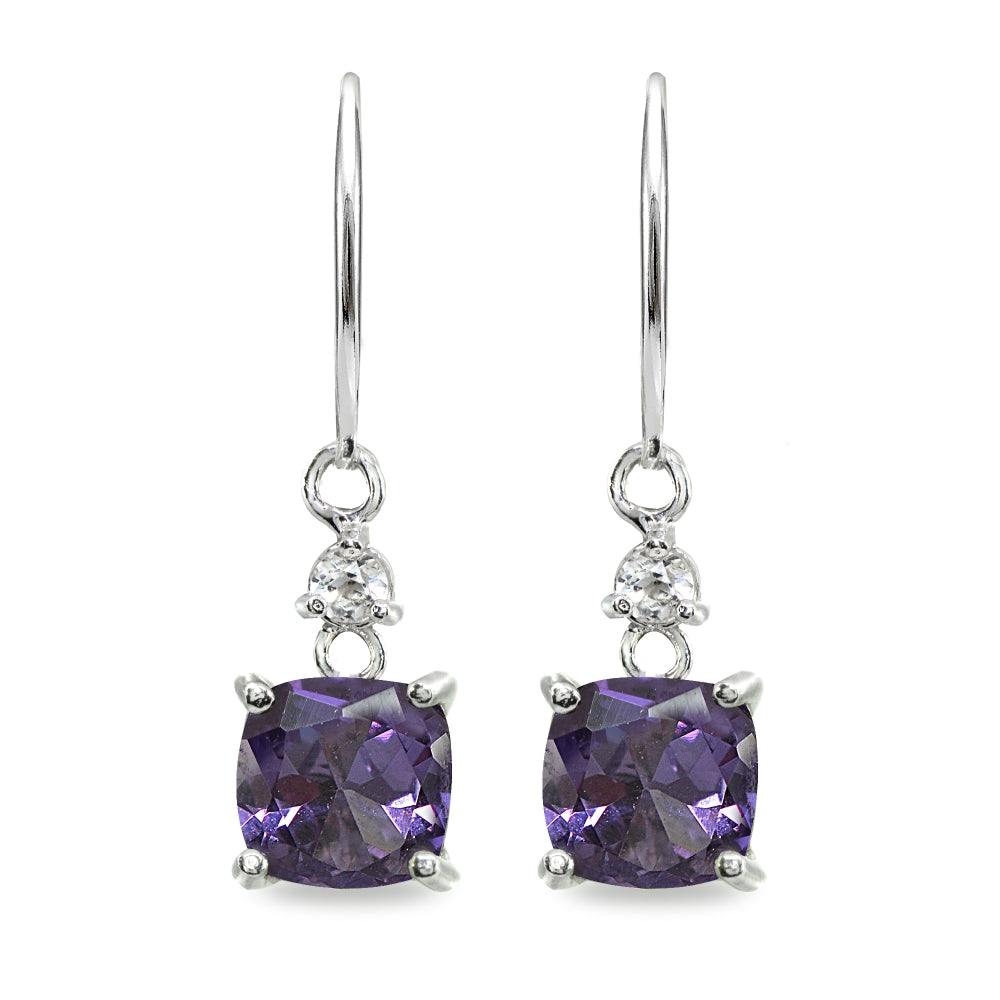 Sterling Silver Created Alexandrite & White Topaz 7mm Cushion-cut Dangle Leverback Earrings-2