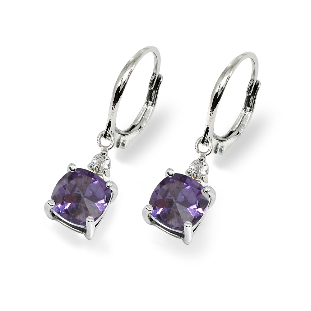 Sterling Silver Created Alexandrite & White Topaz 7mm Cushion-cut Dangle Leverback Earrings-3