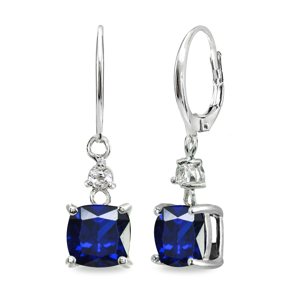Sterling Silver Created Blue Sapphire & White Topaz 7mm Cushion-cut Dangle Leverback Earrings