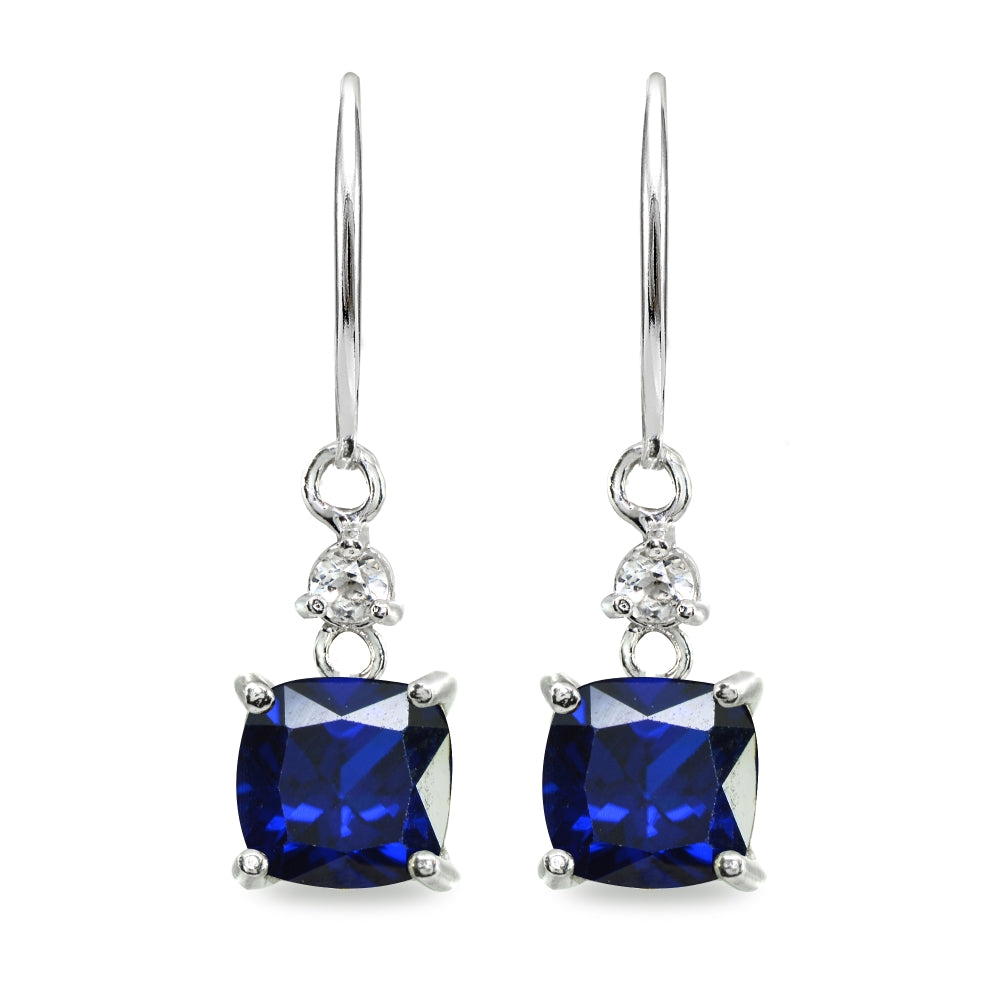 Sterling Silver Created Blue Sapphire & White Topaz 7mm Cushion-cut Dangle Leverback Earrings-2