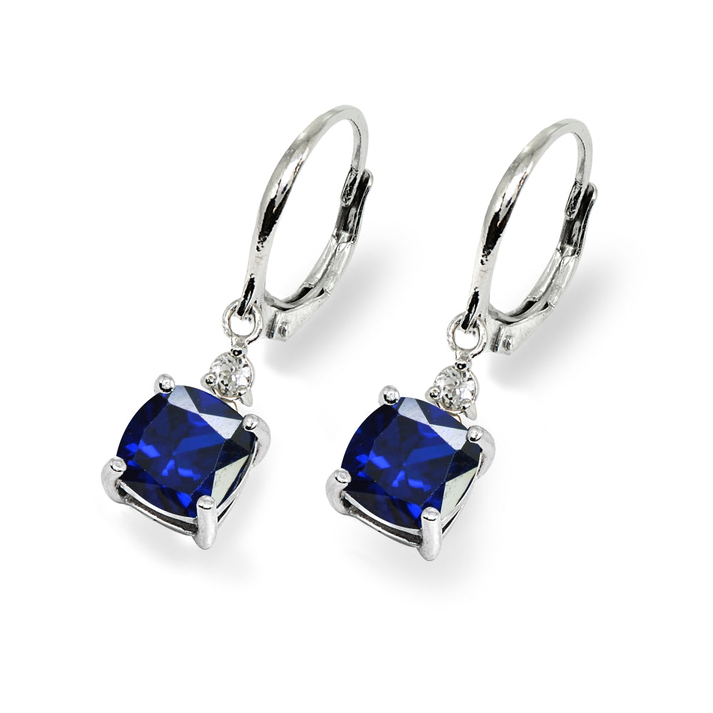 Sterling Silver Created Blue Sapphire & White Topaz 7mm Cushion-cut Dangle Leverback Earrings-3
