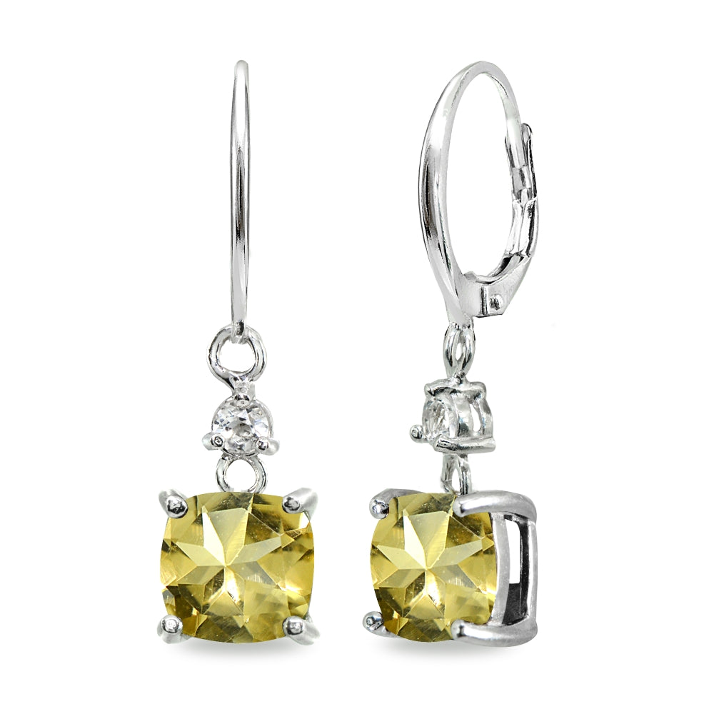Sterling Silver Citrine & White Topaz 7mm Cushion-cut Dangle Leverback Earrings