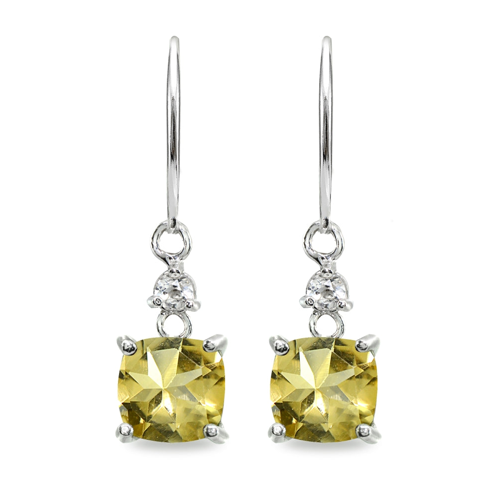 Sterling Silver Citrine & White Topaz 7mm Cushion-cut Dangle Leverback Earrings-2