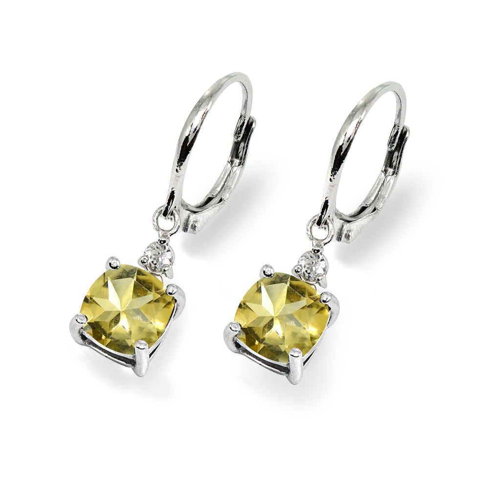Sterling Silver Citrine & White Topaz 7mm Cushion-cut Dangle Leverback Earrings-3