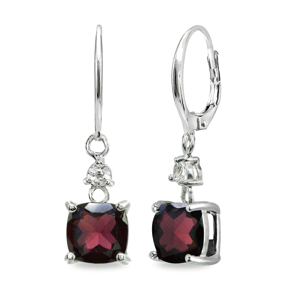 Sterling Silver Garnet & White Topaz 7mm Cushion-cut Dangle Leverback Earrings