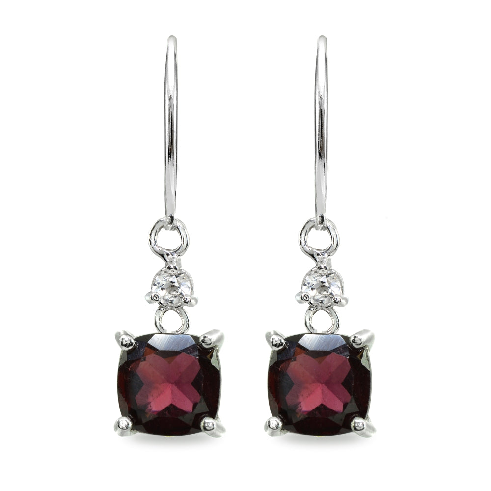 Sterling Silver Garnet & White Topaz 7mm Cushion-cut Dangle Leverback Earrings-2