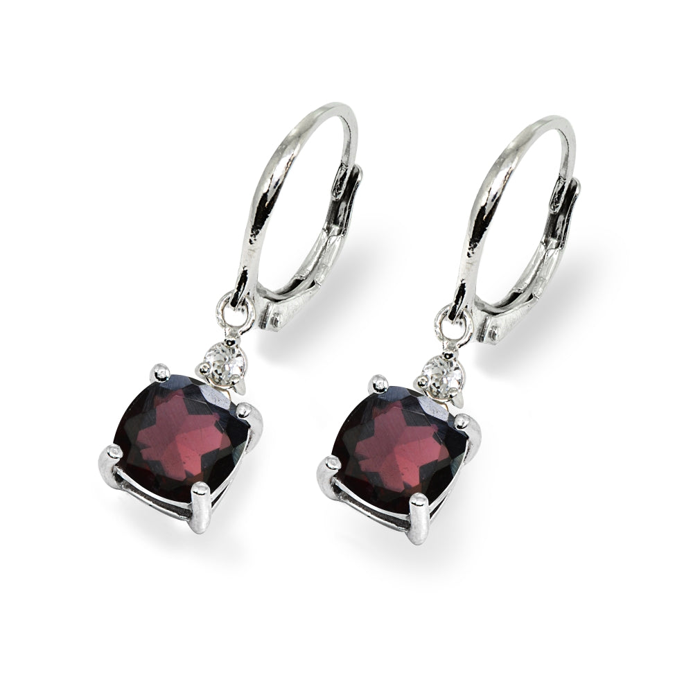 Sterling Silver Garnet & White Topaz 7mm Cushion-cut Dangle Leverback Earrings-3