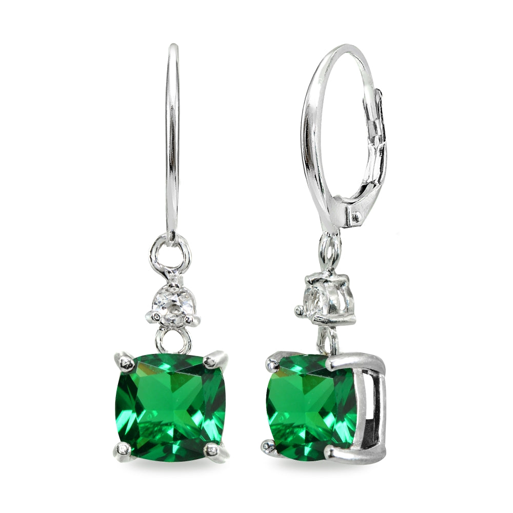 Sterling Silver Simulated Emerald & White Topaz 7mm Cushion-cut Dangle Leverback Earrings