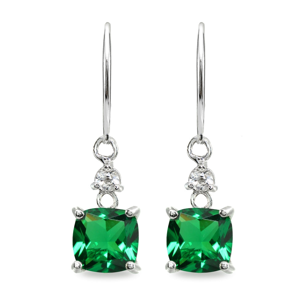 Sterling Silver Simulated Emerald & White Topaz 7mm Cushion-cut Dangle Leverback Earrings-2