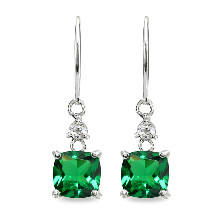 Sterling Silver Simulated Emerald & White Topaz 7mm Cushion-cut Dangle Leverback Earrings