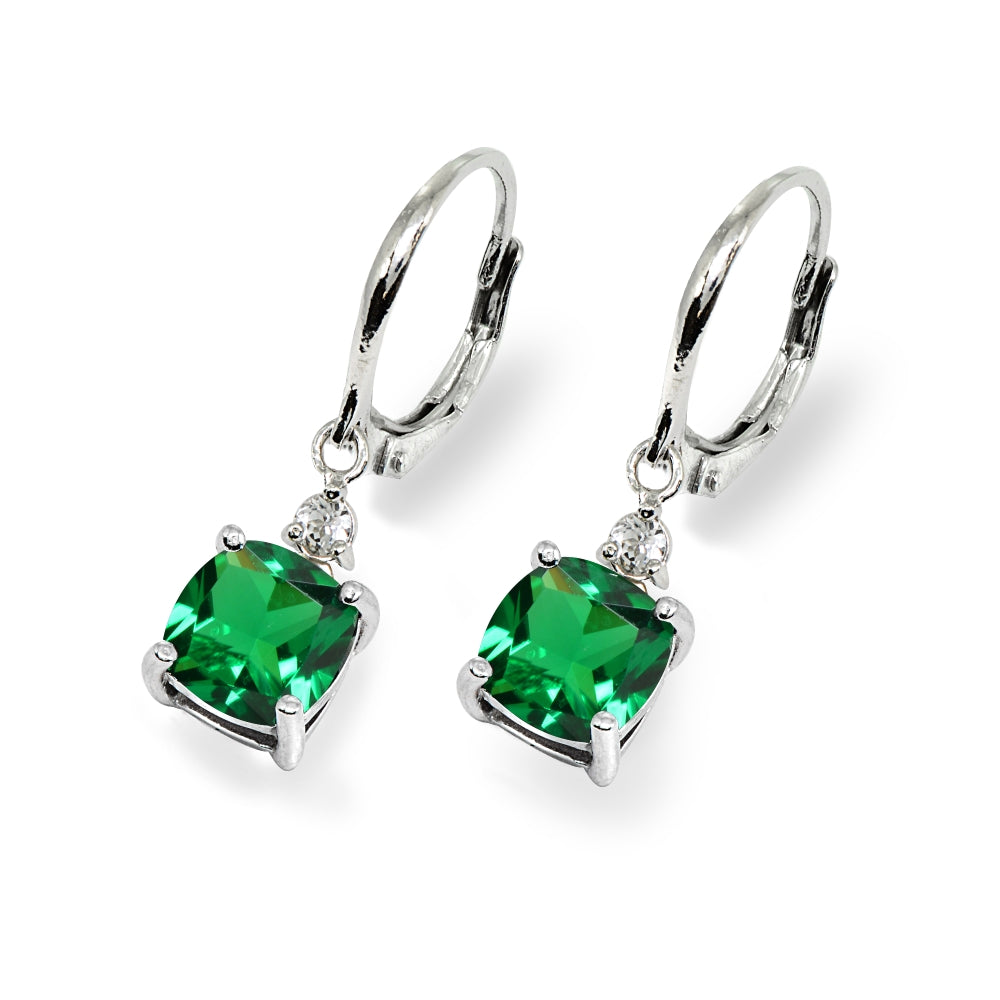 Sterling Silver Simulated Emerald & White Topaz 7mm Cushion-cut Dangle Leverback Earrings-3
