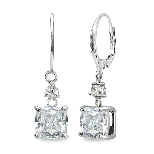 Sterling Silver Cubic Zirconia 7mm Cushion-cut Dangle Leverback Earrings