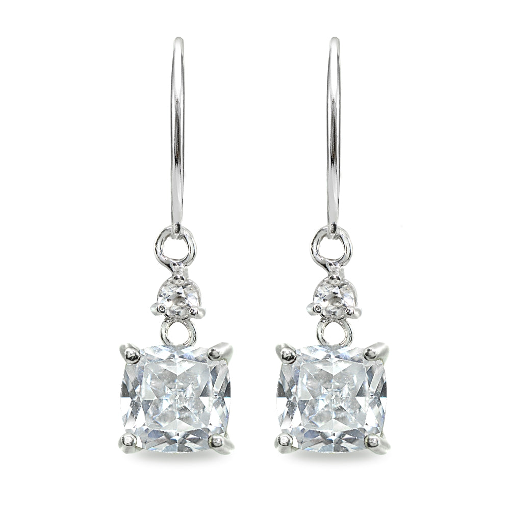 Sterling Silver Cubic Zirconia 7mm Cushion-cut Dangle Leverback Earrings-2