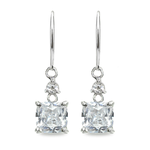 Sterling Silver Cubic Zirconia 7mm Cushion-cut Dangle Leverback Earrings