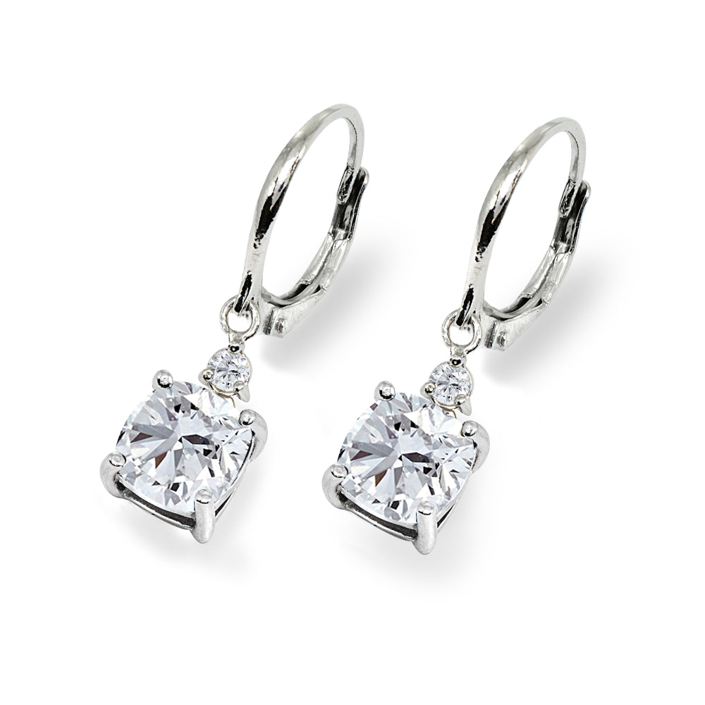 Sterling Silver Cubic Zirconia 7mm Cushion-cut Dangle Leverback Earrings-3