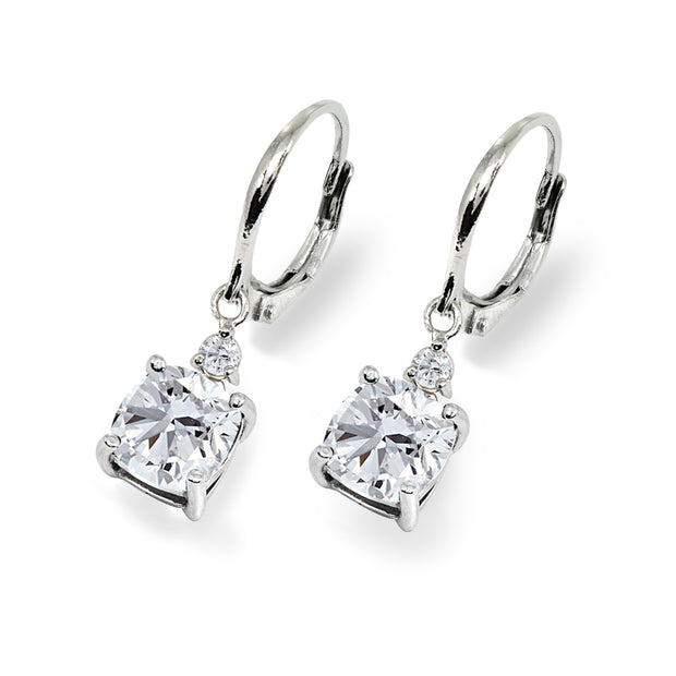 Sterling Silver Cubic Zirconia 7mm Cushion-cut Dangle Leverback Earrings