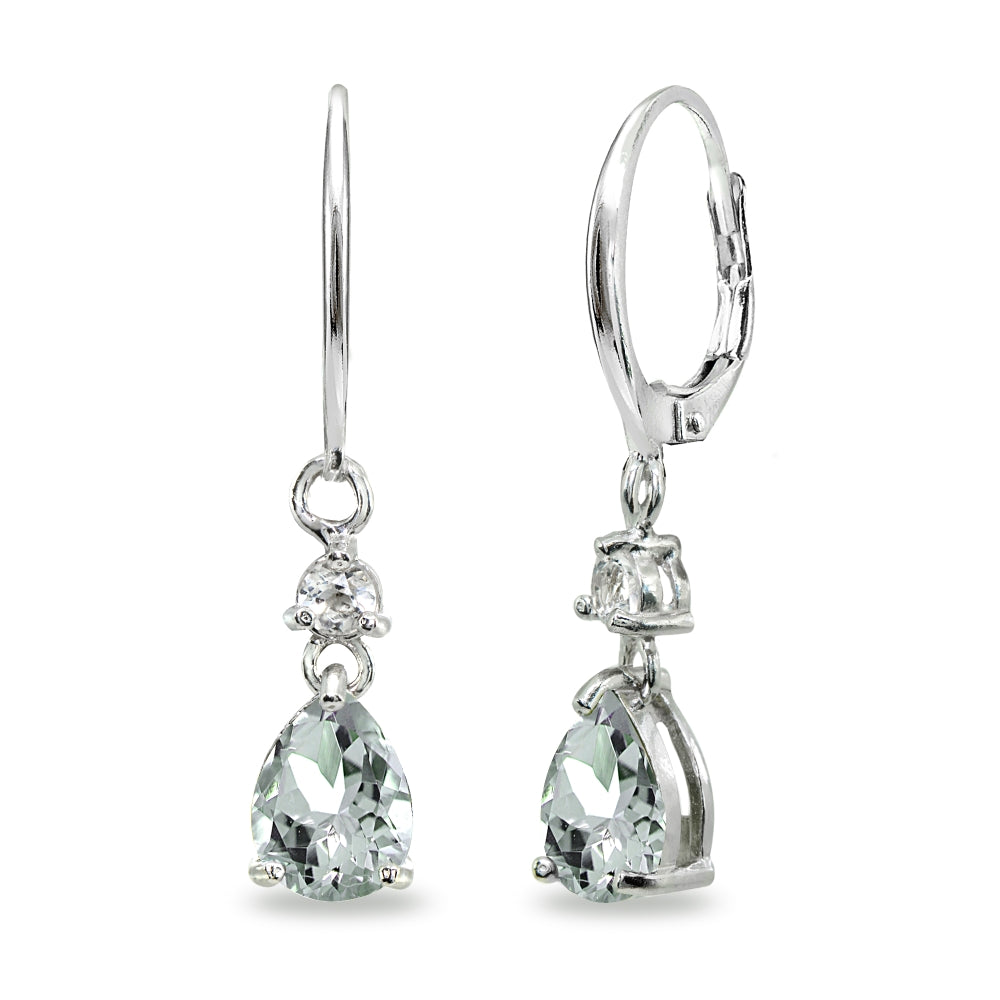 Sterling Silver Light Aqumarine & White Topaz 8x6mm Teardrop Dangle Leverback Earrings