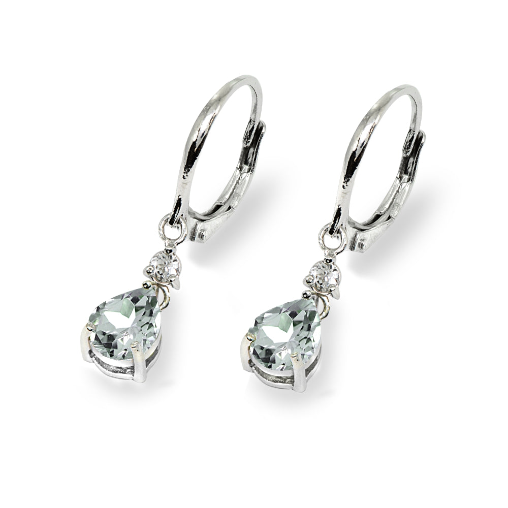 Sterling Silver Light Aqumarine & White Topaz 8x6mm Teardrop Dangle Leverback Earrings-3