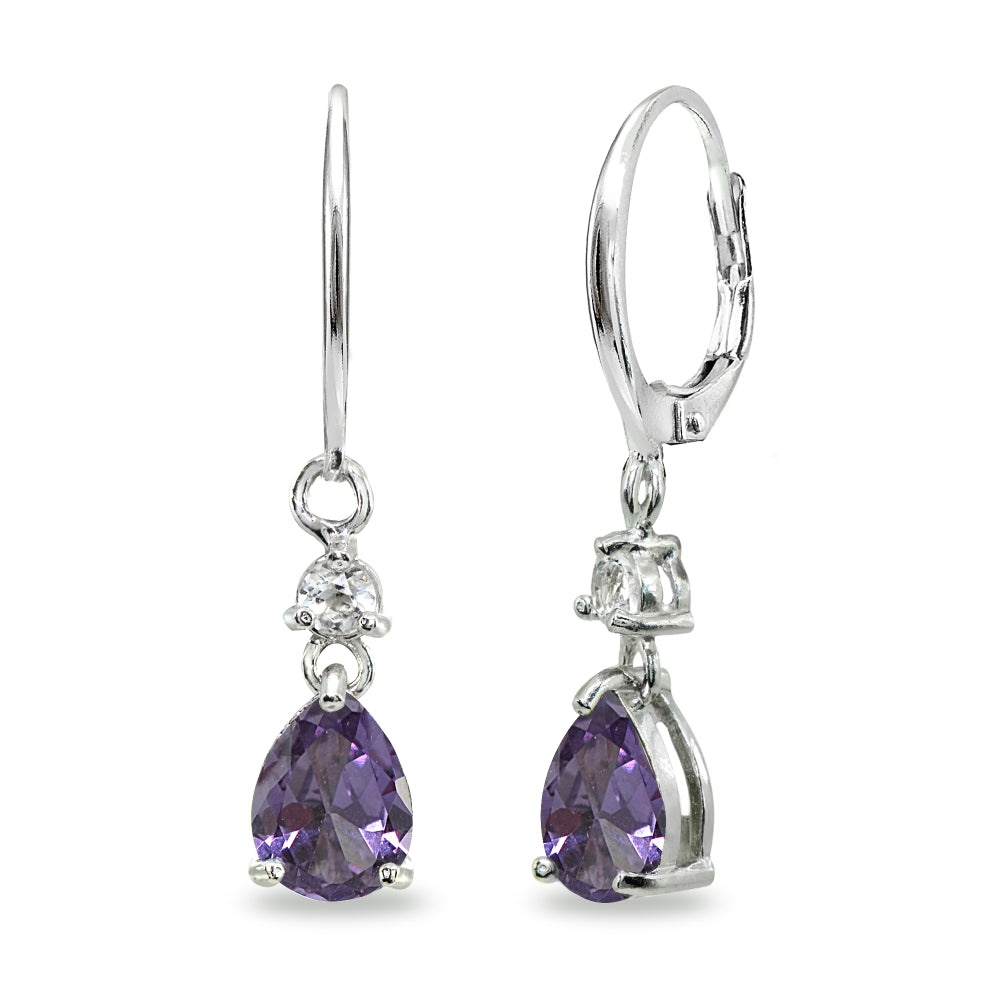 Sterling Silver Created Alexandrite & White Topaz 8x6mm Teardrop Dangle Leverback Earrings