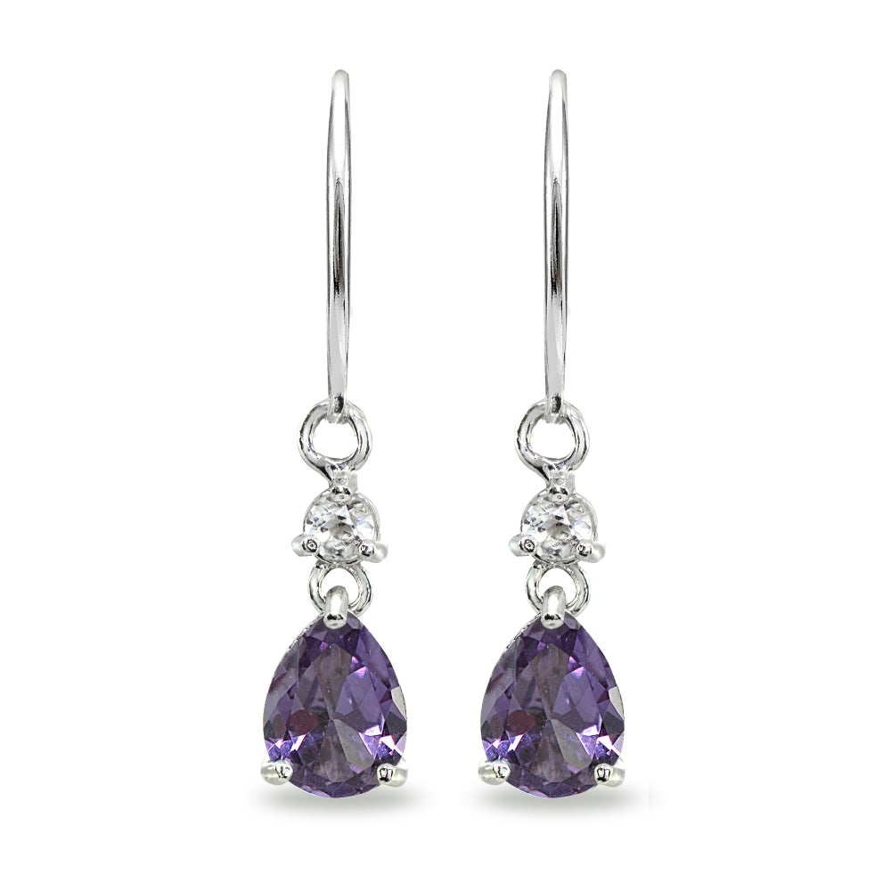Sterling Silver Created Alexandrite & White Topaz 8x6mm Teardrop Dangle Leverback Earrings-2