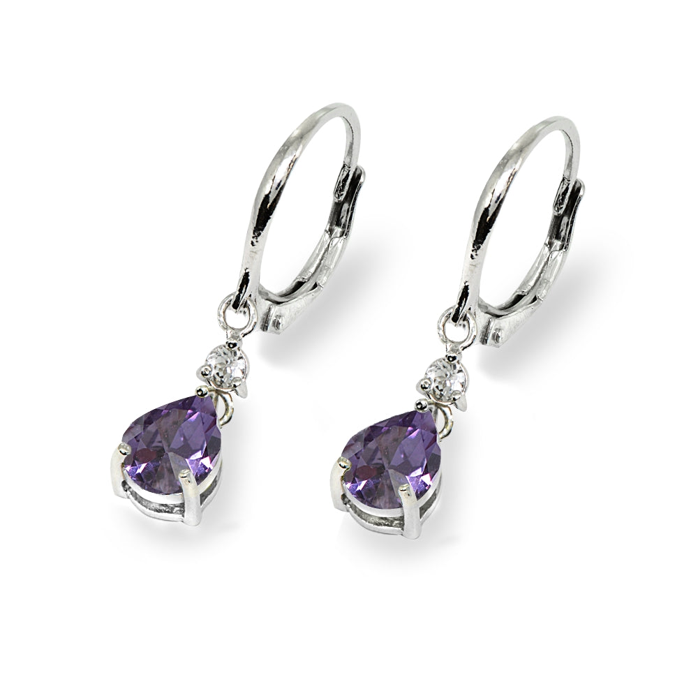 Sterling Silver Created Alexandrite & White Topaz 8x6mm Teardrop Dangle Leverback Earrings-3