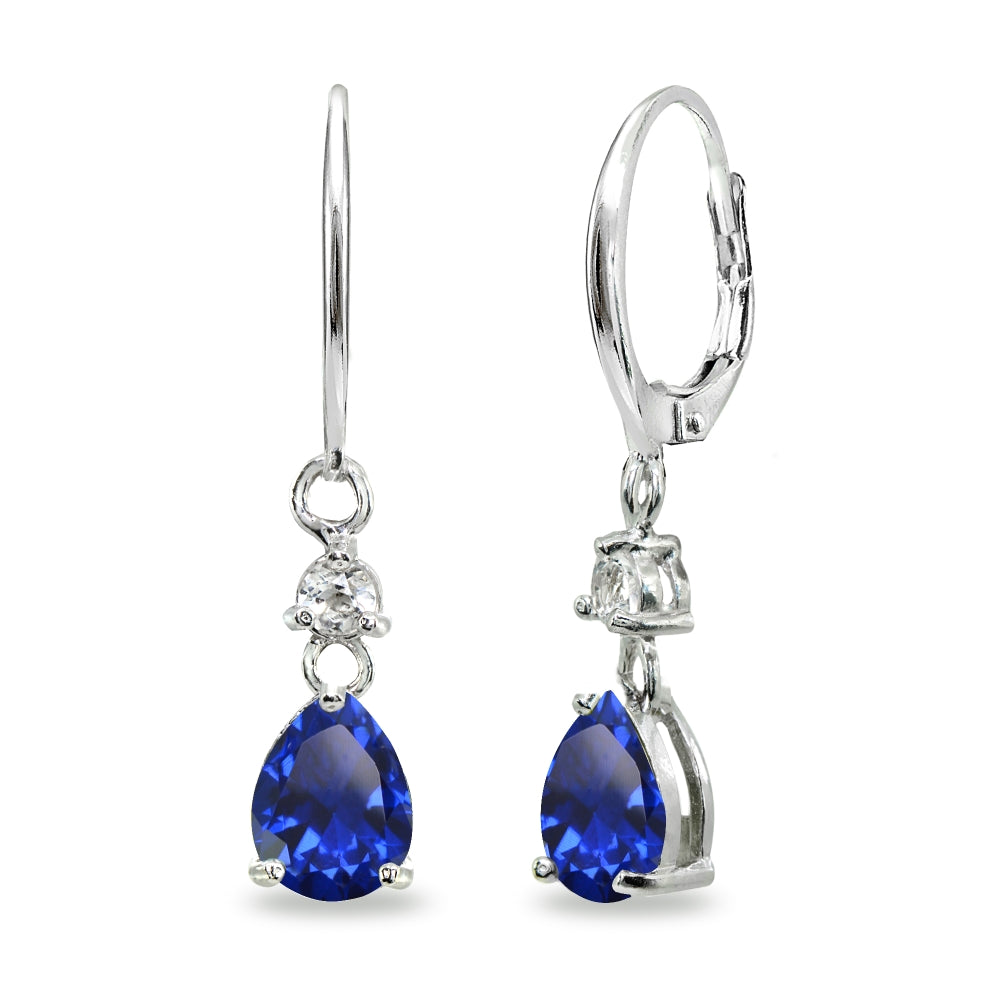 Sterling Silver Created Blue Sapphire & White Topaz 8x6mm Teardrop Dangle Leverback Earrings
